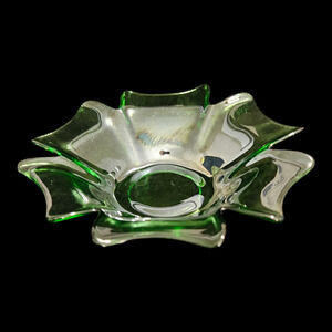 Vintage Green Art Glass Ruffled Bowl Dish Mid Century Decorative Glass